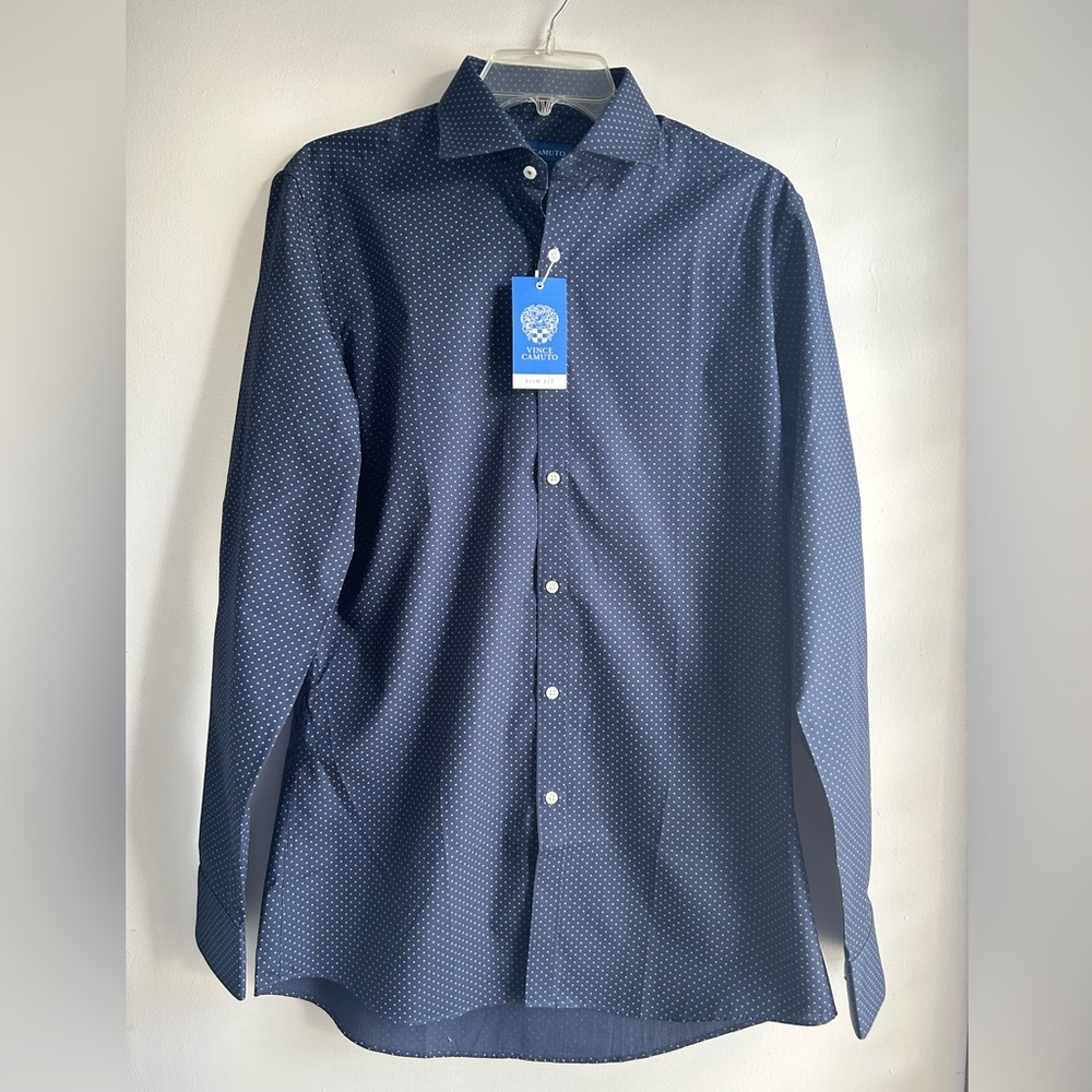 Vince Camuto Men’s Long Sleeved Navy Blue Dress Shirt Size 15 1/2, 34 x 35